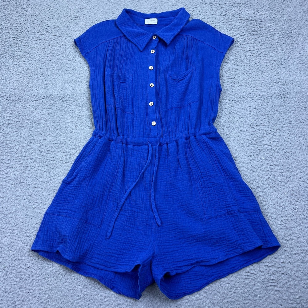 Anniewear Gauze Romper Boutique Collar Button Up Tie Royal Blue Large 3" Cotton